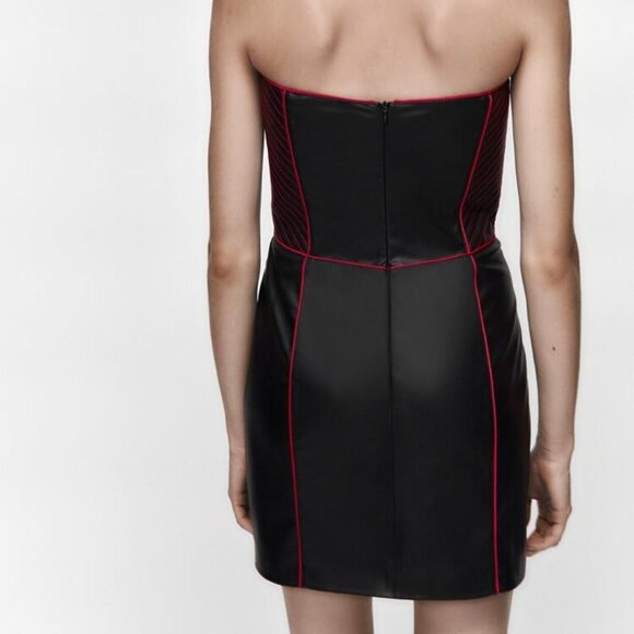 NEW Zara Women's FAUX LEATHER DRESS Black/Neon Pink - Picture 5 of 9